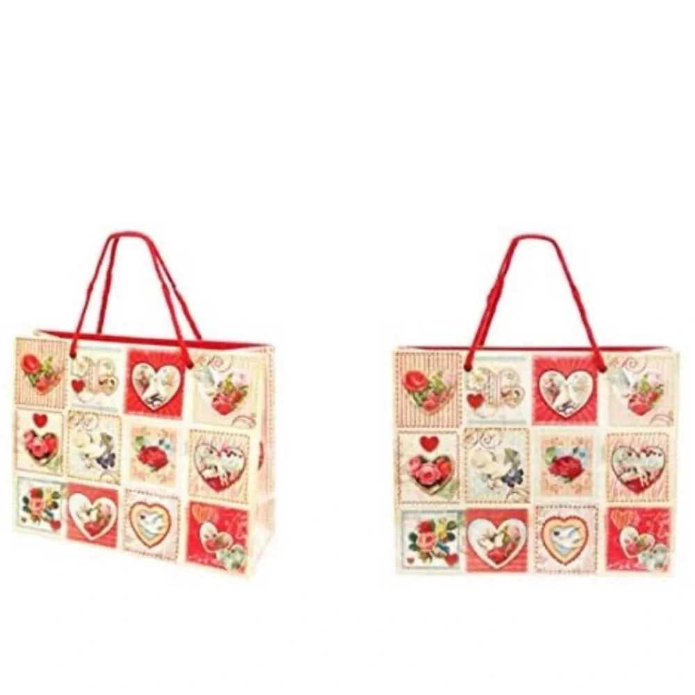 Punch Studio Glitter Embellished Lg Gift Bags: Vintage Heart Squares, Set of 2